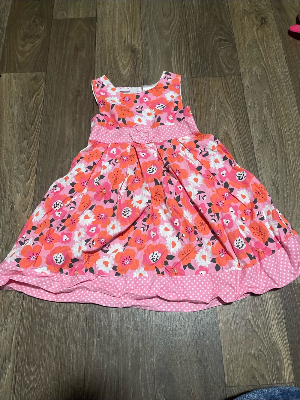 Girls' Pink Floral Sleeveless Summer Dress with Polka Dot Trim